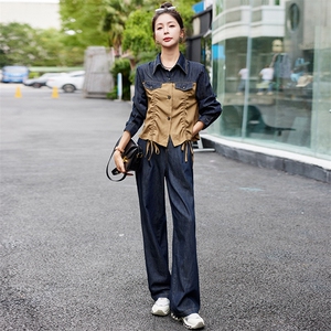 港风牛仔拼接套装女新款2024春秋洋气减龄炸街短外套直筒裤工装图片