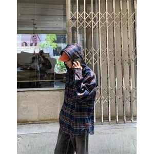 复古格子连帽衬衫男女长袖高级感衬衣休闲宽松慵懒外套上衣 C221图片