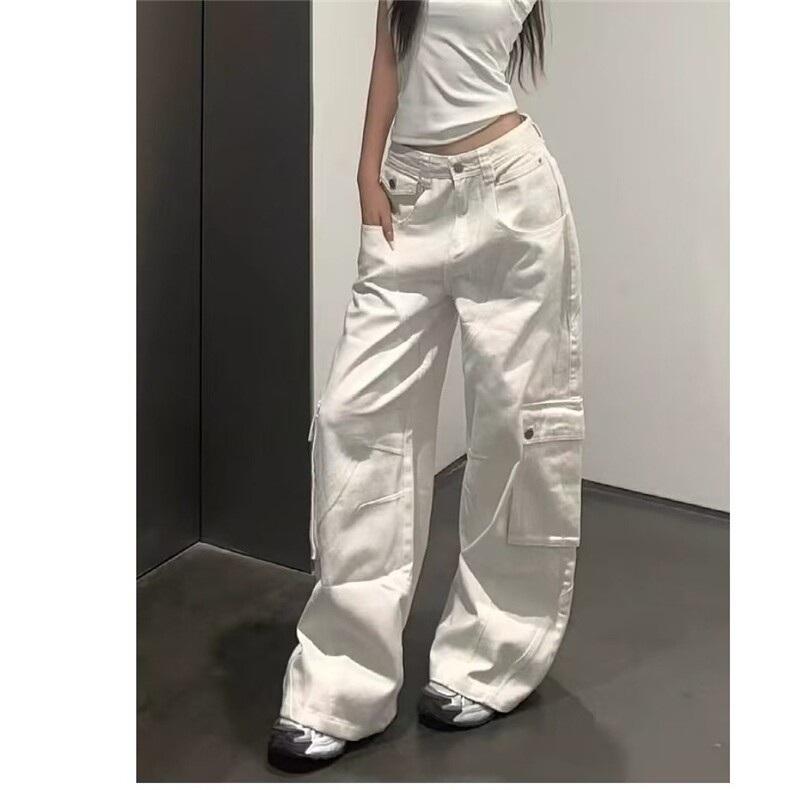 大码美式白色直筒工装牛仔裤女秋季高腰重工设计宽松阔腿拖地裤子图片