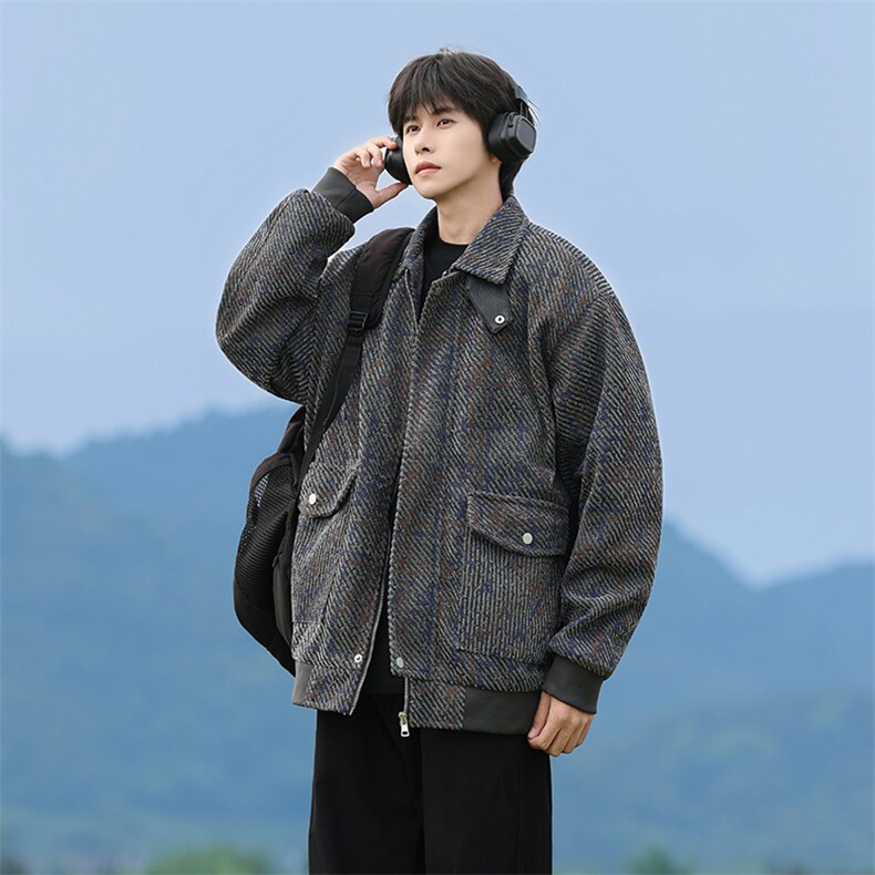 JK2573-P93 M-8XL 秋季新款大码毛呢翻领夹克休闲外套 控158图片