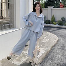 韩版休闲运动卫衣套装女2025春新款设计感蕾丝拼接阔腿裤两件套，女装套装/套裙，2C129