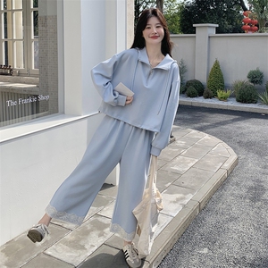 韩版休闲运动卫衣套装女2025春新款设计感蕾丝拼接阔腿裤两件套图片