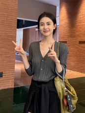 优雅气质V领仿羊毛开衫显瘦修身百搭时尚单品，女装羊毛衫，圣旺供货