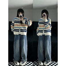 复古撞色条纹拉链针织外套男女情侣慵懒长袖新款宽松型开衫常规款，男装针织衫/毛衣，星座506A