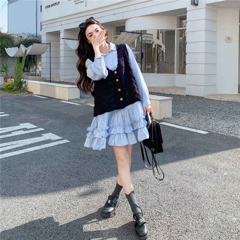 现货新款蓝色针织马甲衬衫连衣裙套装女2C282-209P175K288,女装套装/套裙,2C282