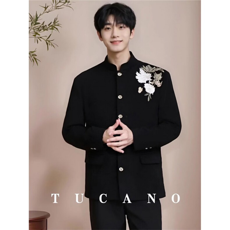 春秋新中式重工刺绣玉兰花中山装西服外套男复古痞帅高级感西服潮，男装西服，星座601-1