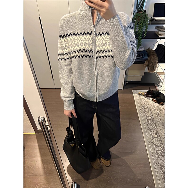 费尔岛提花半高领拉链开衫毛衣男秋冬季百搭针织衫情侣MY06-P64，男装针织衫/毛衣，星座208-5