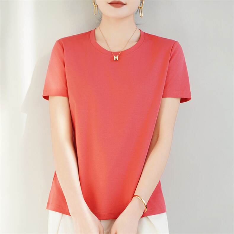 2025夏季新款高端丝光棉短袖T恤女春夏圆领纯棉套头时尚上衣,女装T恤,暖烁羊绒