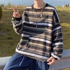 日系开衫毛衣夹克男生春秋季复古拼色条纹针织衫休闲宽松外套M44，男装针织衫/毛衣，星座506