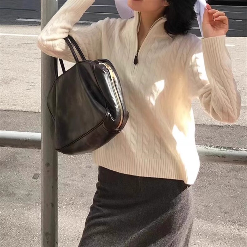 新款绞花半拉链针织衫时尚百搭套头，女装针织衫/毛衣，珍珑羊绒