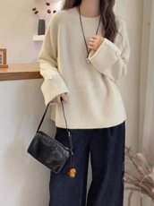 秋冬宽松慵懒风100%纯羊毛衫女圆领纽扣加厚针织毛衣宽松羊绒打底，女装羊毛衫，千御纺羊绒