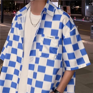 F183-P30 2024夏季新款棋盘格短袖衬衫男ins潮牌宽松半袖衬衣现货图片