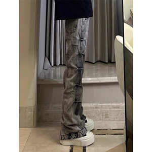 水洗复古牛仔裤男秋冬季加绒加厚美式潮牌褶皱设计感宽松直筒裤子