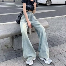 港风牛仔裤女秋抽绳设计感直筒垂感拖地长裤阔腿裤子潮RK3054-P43，男装牛仔裤，星座412-1