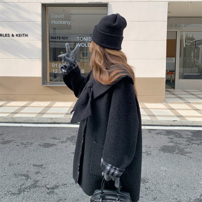 韩版格子拼接慵懒风双面羊毛大衣女2025秋冬季新款显瘦两面穿外套，女装毛呢外套，韩然一族
