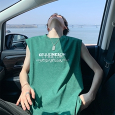 得物抖音品质240克宽松纯棉美式扎染做旧工艺坎肩背心印花无袖T恤，男装背心/马甲，电商A486-1