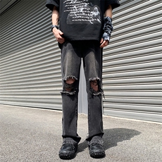 2023夏季新款百搭破洞牛仔裤裤脚拉链微喇裤313A-1-NZ038-P65控78，男装牛仔裤，星座808A-1