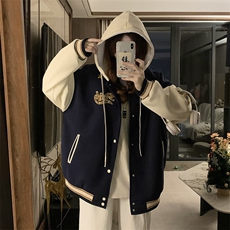 C954-P110美式撞色春秋重工刺绣2025新款连帽宽松棒球服夹克上衣，男装棉衣，星座911-2(原星座613-2）