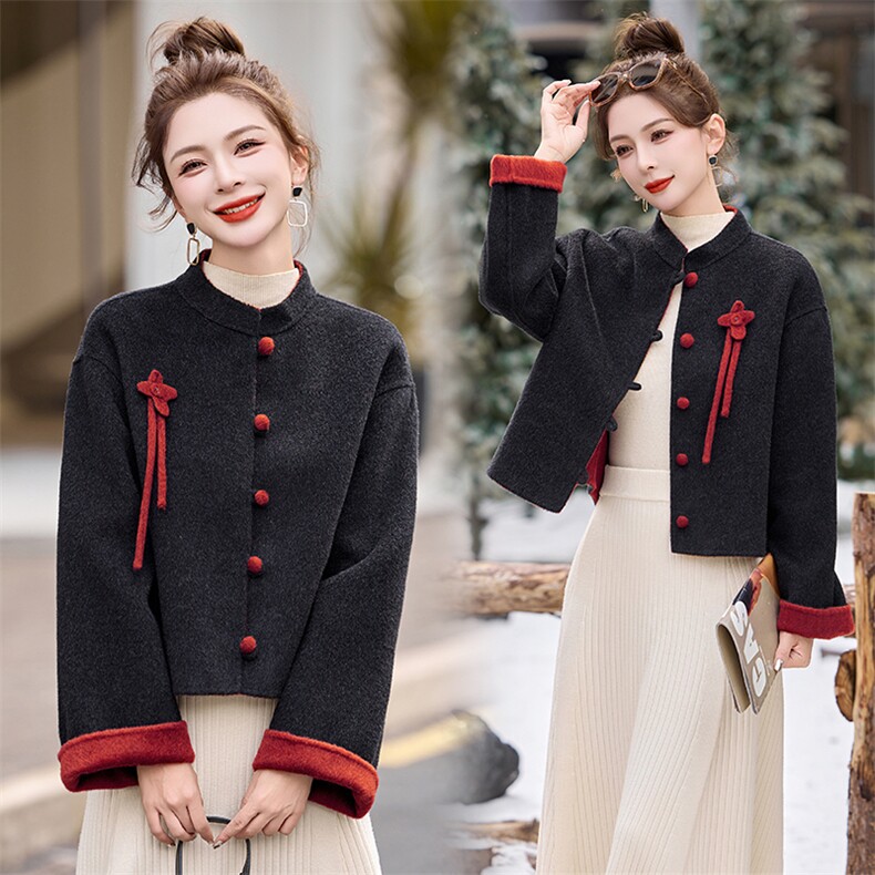 新中式风双面呢外套女秋冬新款立领盘扣撞色小个子高级感套装，女装双面呢大衣，美沁