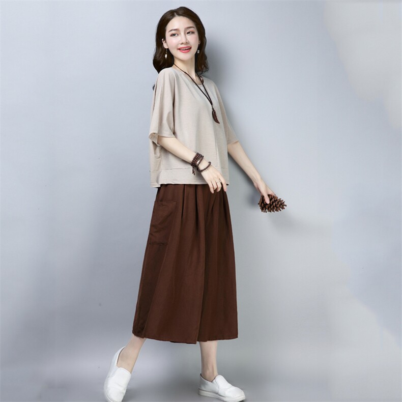 2021年夏季新款休闲时尚两件套装韩版百搭T恤女+阔腿裙裤子套装图片