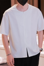小伙无领纯色衬衫男休闲宽松风刺绣衬衣轻熟风A236-82576-P55，男装衬衫，电商A236