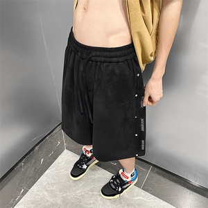 美式复古麂皮绒抽绳短裤男士港风潮牌夏季休闲运动宽松直筒五分裤图片