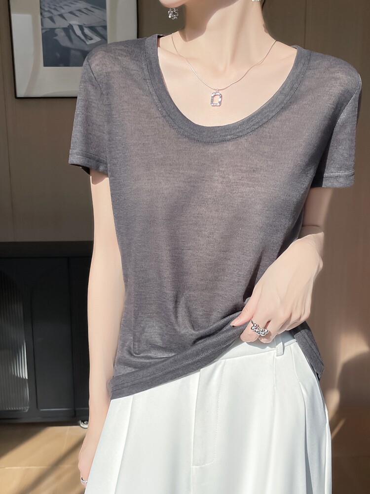 U领新款针织女短袖纯色简约百搭宽松套头,针织衫/毛衣,绒宛羊绒