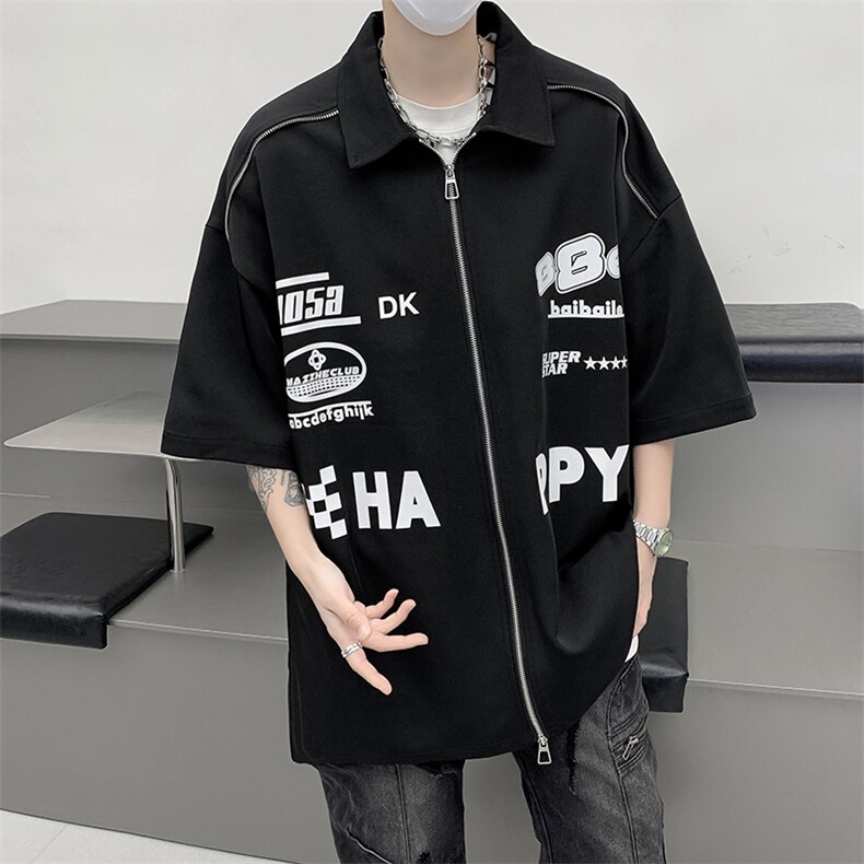405A高街美式设计感拉链装饰印花衬衫短袖T恤CS03-P45控68,男装T恤,星座405A