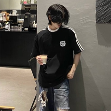 抖音得物高品质二开240克宽松纯棉美式潮牌三条杠织带短袖T恤，男装T恤，电商A486-1