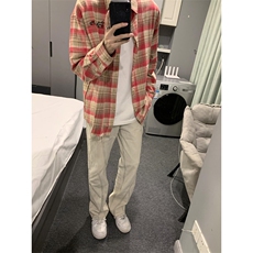 粉红色格子控衬衫男生美式复古痞帅高级感格纹衬衣长袖C268，男装衬衫，星座1116A（原606A-3）