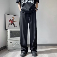 风刺绣休闲裤子男夏冰丝时尚阔腿垂坠感高级感直筒西装裤，男装休闲裤，星座716-3