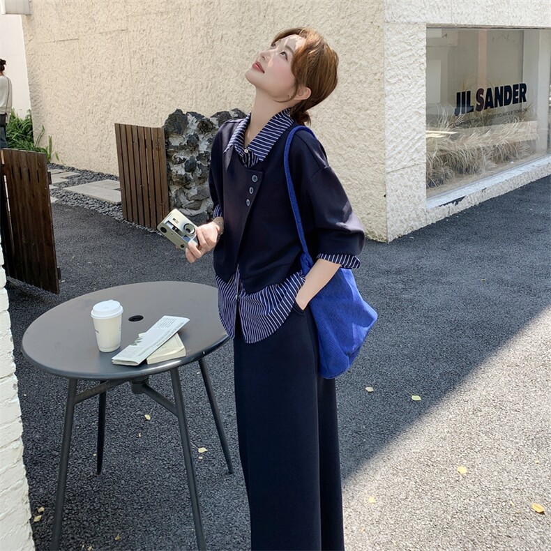 藏青色假两件卫衣套装裙女2025秋季新款超好看学院风半身裙两件套,女装套装/套裙,2C129