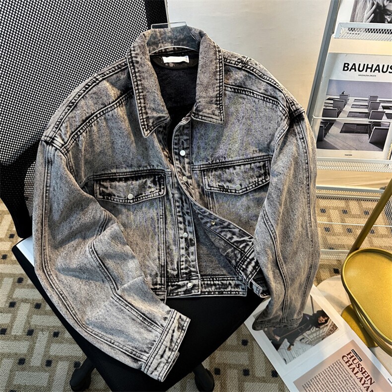 新款复古水洗做旧短款牛仔套装男翻领夹克外套上衣JK08352-P78，男装休闲套装，星座308B-1