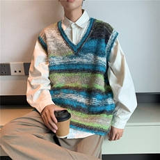 小香风复古渐变条纹V领针织马甲男春秋新款休闲套头背心毛衣，男装背心/马甲，星座1013