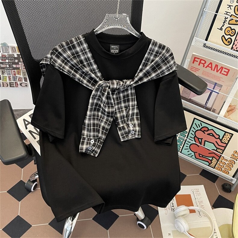 时尚格子披肩设计短袖T恤男女2025夏季新款潮流休闲上衣GA223P50,男装T恤,星座1013-5