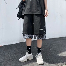 夏季侧边排扣腰果花休闲短裤男潮流假两件宽松运动五分裤DJ21-p28，男装休闲裤，星座1008-1