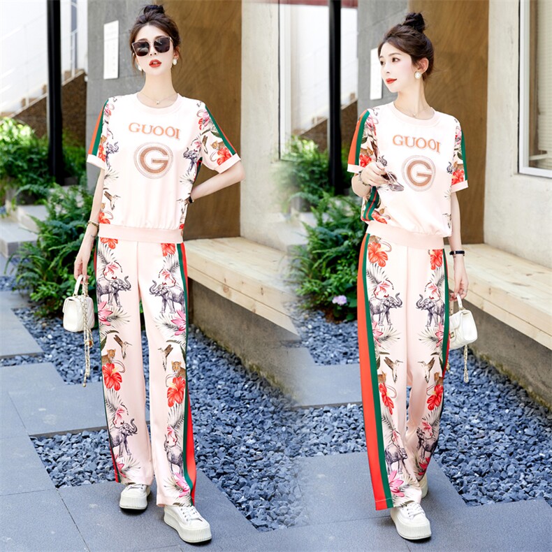 醋酸休闲运动女夏装搭配一整套欧洲站爆款时尚冰丝印花，女装运动套装，然然