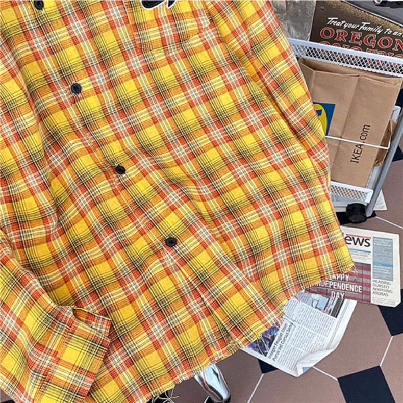 1506/Q3950/P32姜黄色格子衬衫复古潮牌毛边宽松休闲衬衣服,男装衬衫,星座1506