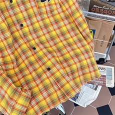 1506/Q3950/P32姜黄色格子衬衫复古潮牌毛边宽松休闲衬衣服，男装衬衫，星座1506