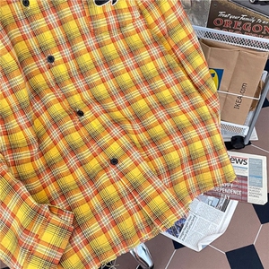 1506/Q3950/P32姜黄色格子衬衫复古潮牌毛边宽松休闲衬衣服图片