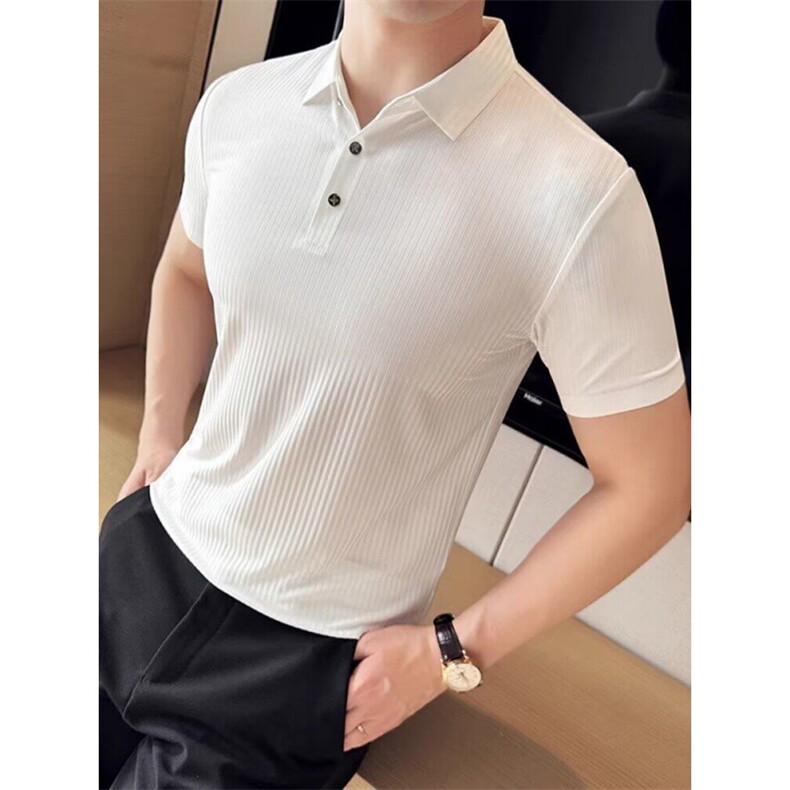 短袖polo衫男新款夏季修身肌肉轻熟商务休闲韩版竖条纹坑条t恤ins图片
