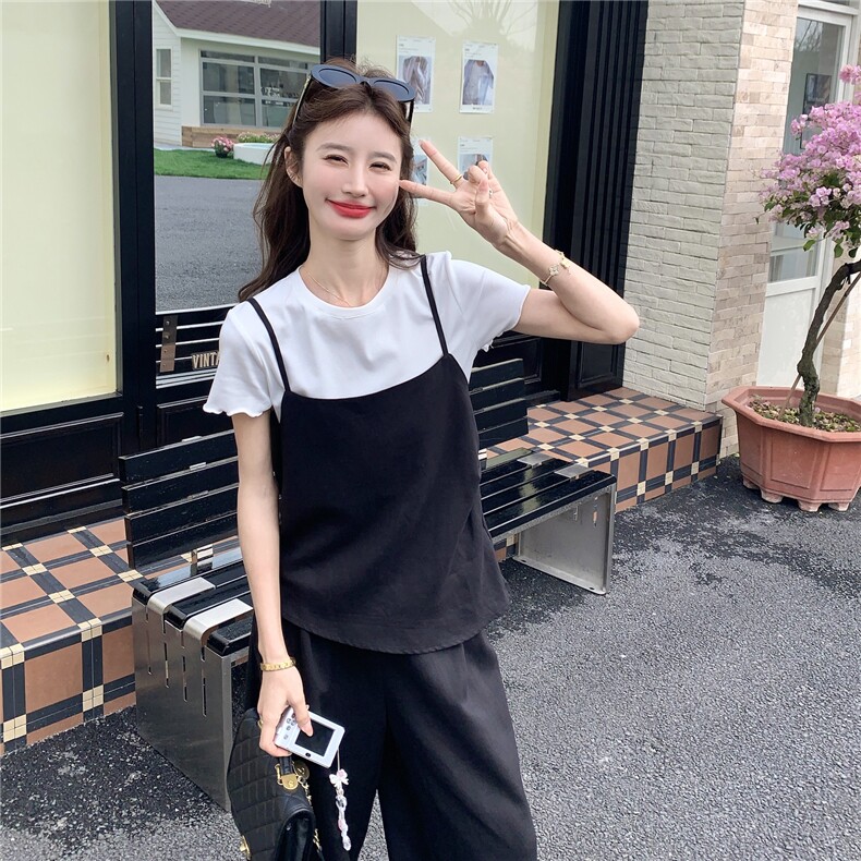 松弛感懒人穿搭黑色阔腿裤三件套女夏季2026新款T恤吊带休闲套装，女装套装/套裙，艾米莉亚