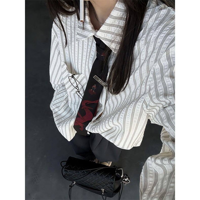 美式潮牌高街复古泡泡纱竖条纹日系肌理长袖衬衫男女休闲宽松衬衣，男装衬衫，电商A443