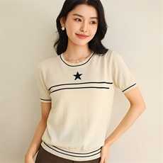 白色短袖t恤女2025新款夏季纯棉针织修身高腰法式高级感短袖上衣，女装T恤，伊绒腾羊绒