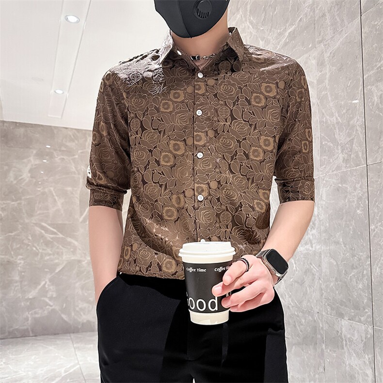 店主风社会小伙男士七分袖衬衫男痞帅修身衬衣301A-1/CS420/P55,男装衬衫,星座301A-1