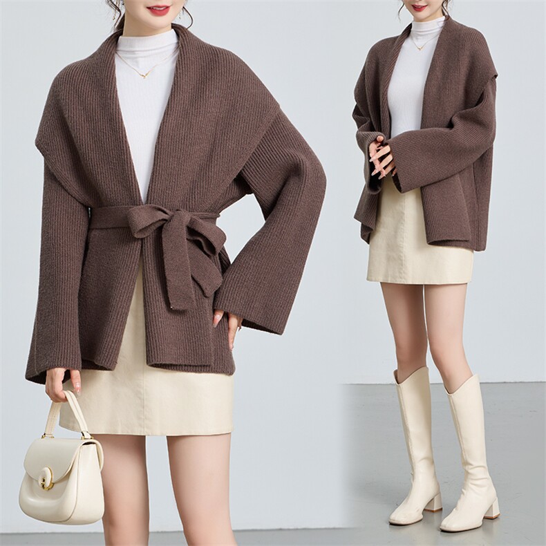 斗篷外套女2024秋冬新款大翻领系带气质优雅高级感小个子开衫外套，女装针织衫/毛衣，马丽丽家