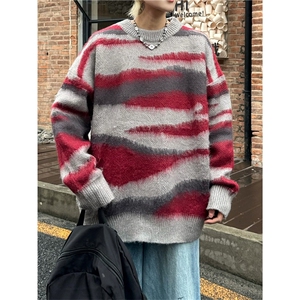 B217-P50 美式条纹圆领毛衣男秋冬慵懒潮牌oversize情侣装针织衫图片