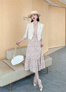 【现货】夏季新款套装西装碎花连衣裙图片