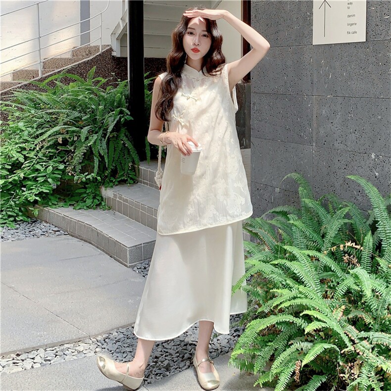 温柔系穿搭新中式上衣套装女夏新款气质显瘦半身裙两件套连衣裙,女装套装/套裙,2C118