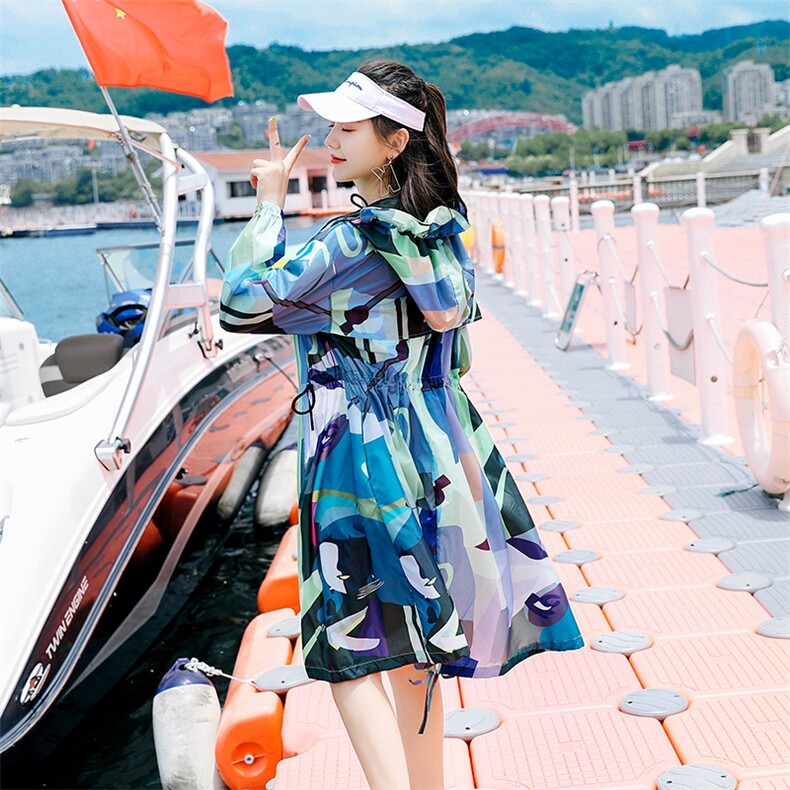 迷彩防晒衣女中长款2023夏新款长袖超仙透气防晒服过膝洋气薄外套,女装防晒衣,可可小西